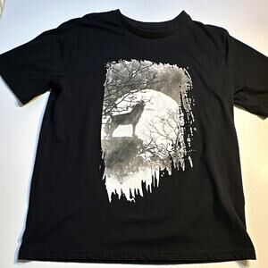 Men’s ADTN Black Graphic Print Crew Neck Short Sleeve T-Shirt Size M Wolf Moon